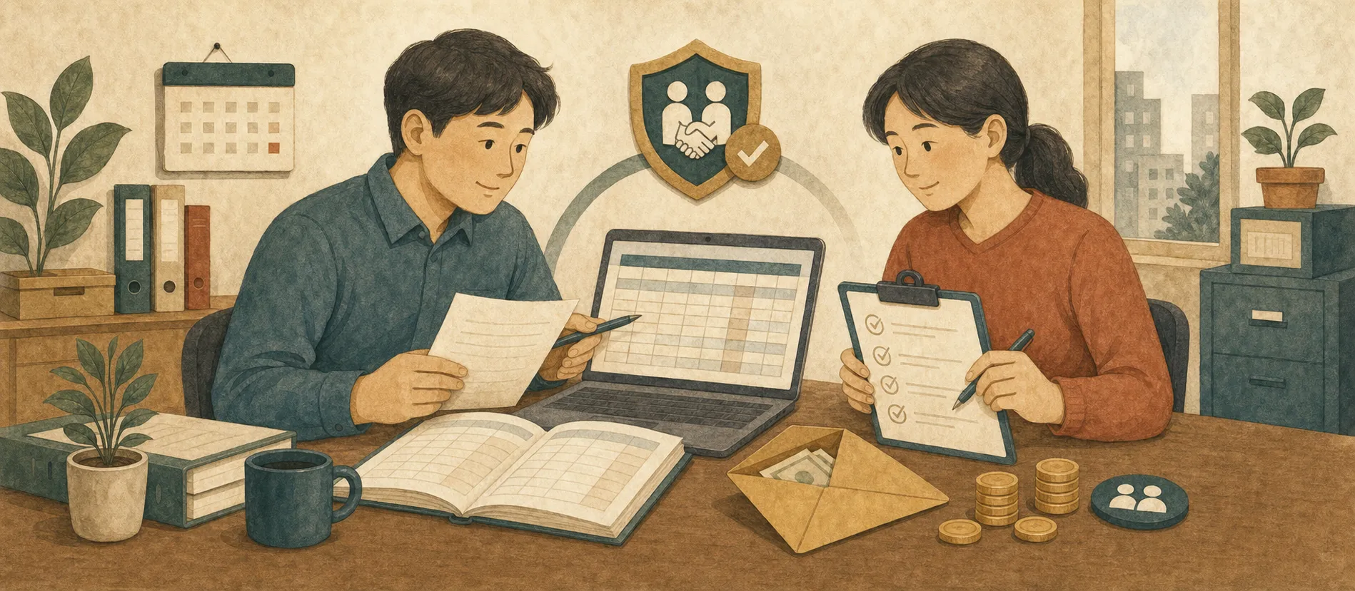 책상에서 서류와 노트북의 표를 함께 살피는 두 사람, 점검표와 봉투와 동전이 놓인 수채화 삽화