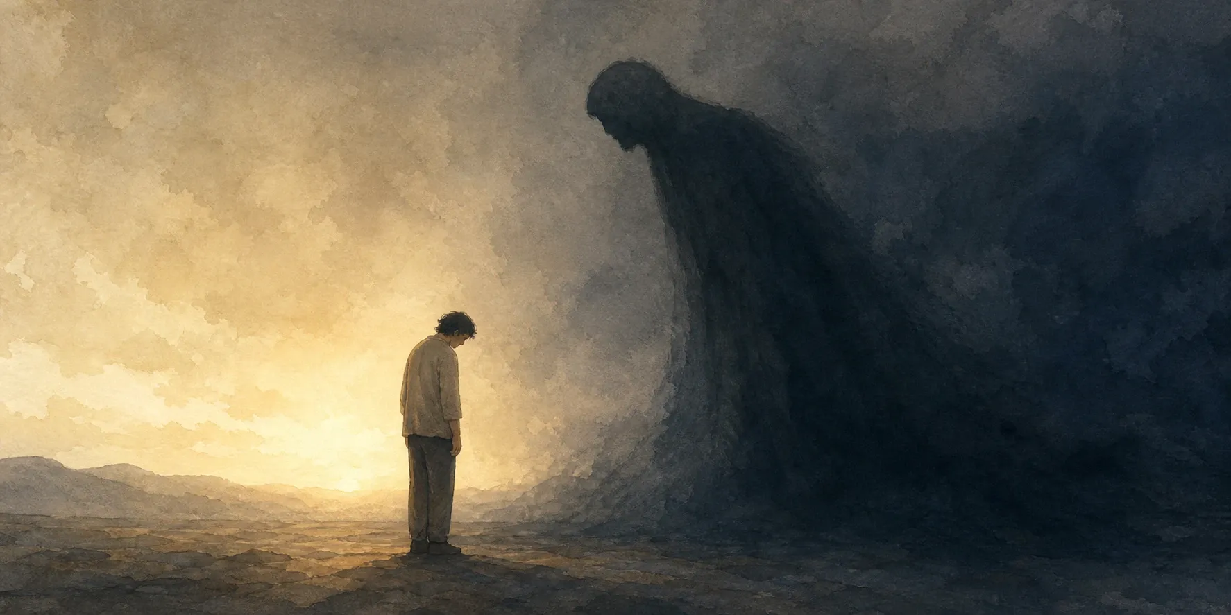 큰 그림자 앞에서 걸음을 멈춘 사람과 희미한 빛