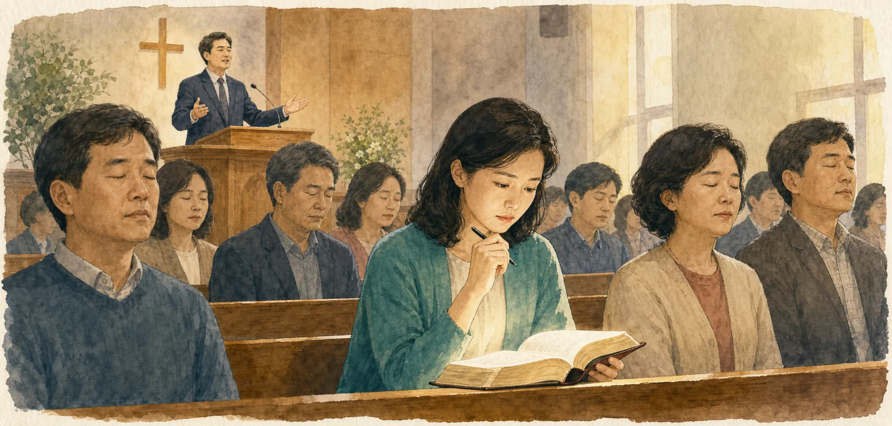 설교를 들으며 눈을 뜨고 성경을 펼친 사람
