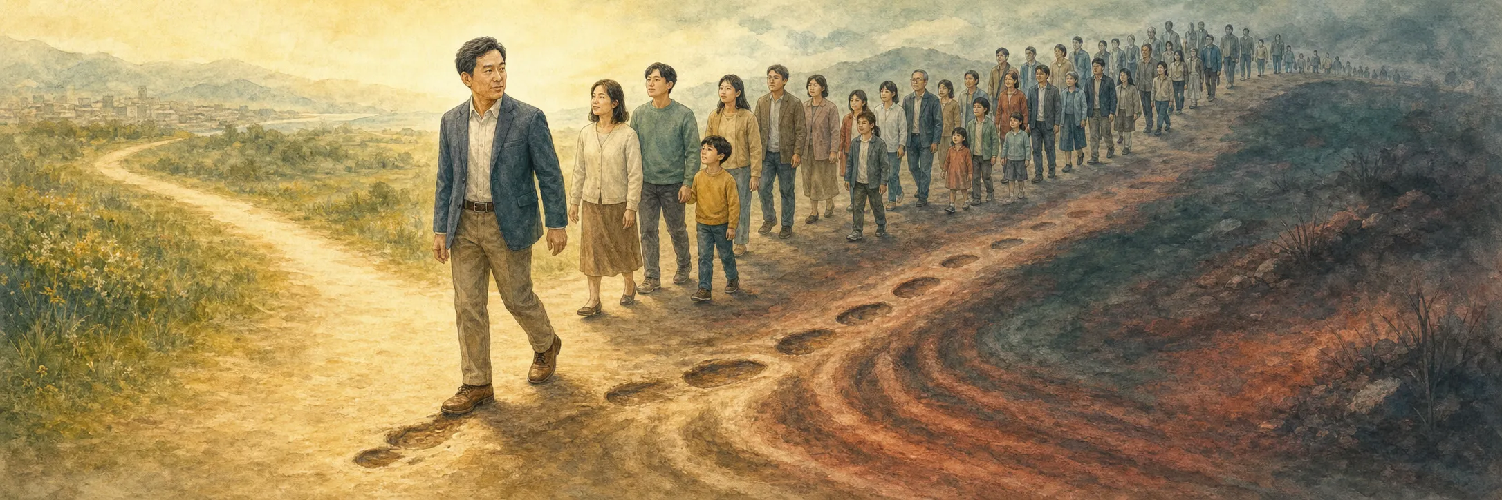 앞선 지도자의 발자국을 여러 사람이 뒤따르는 장면